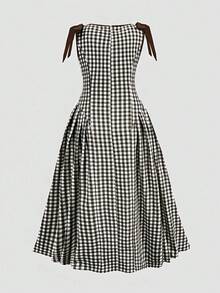 SHEIN LMoss Kids 女童休閒優雅時尚日常百搭紅白格紋圓領可拆式蝴蝶結無袖洋裝 - 棕色 - 查看 2