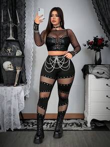 Whyspr Grunge Punk Darkwear Party Plus Size Punk Style Mesh Patchwork Grommet Leggings - Black - View 7