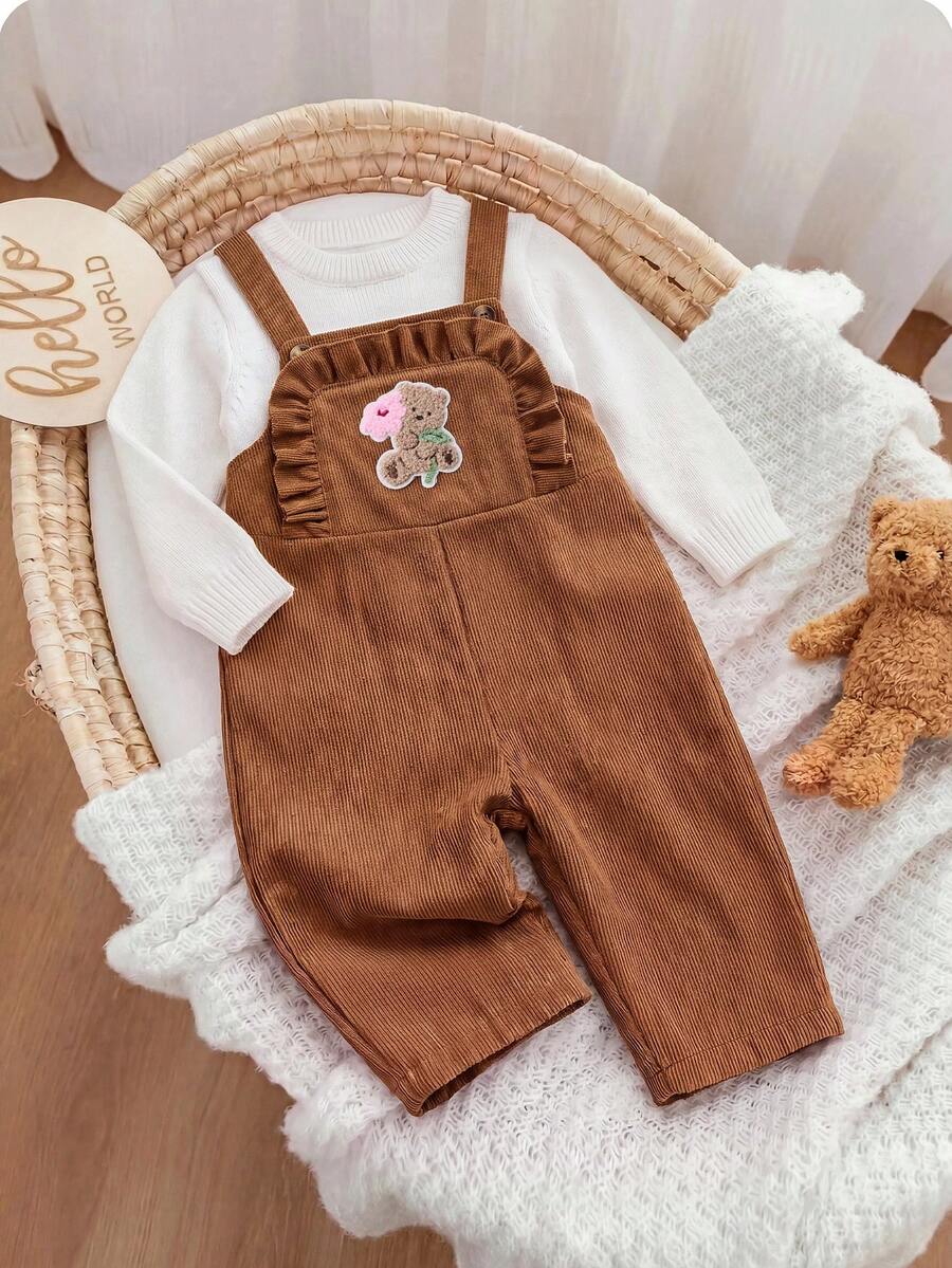 SHEIN Newborn Baby Girl Cute Versatile Casual Pink Rainbow Embroidered Autumn Winter Romper, Suitable For Children All Seasons - Brown - View 1