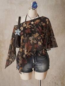 SHEIN ICON Atasan Jala Wanita Ukuran Besar Motif Bunga & Kupu-kupu Romantis Kasual, Cocok untuk Musim Panas - MultiWarna - View 3