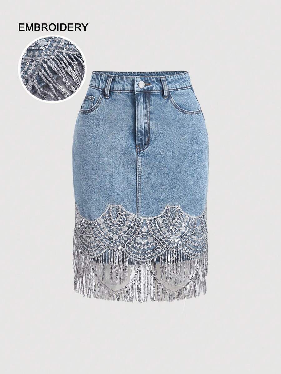 SHEIN MOD Plus Size Fashion Sequin Tassel Hem Button Pocket Denim Skirt - Light Wash - View 1