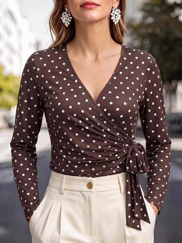 Chikora Plus Size Women's V-Neck Polka Dot Casual Versatile Daily Wear T-Shirt