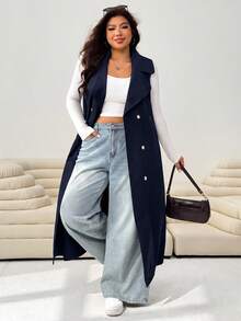 Solflare Navy Blue Casual Women's Plus Size Trench Coat Fall - Navy Blue - View 3