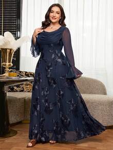 Reflora Plus Size Elegant Party Floral Embroidered Dress - Navy Blue - View 10