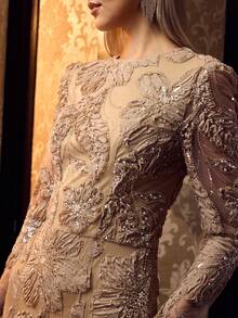 MOTF Soiréza ELEGANT WOMEN 3D FLORAL LONG SLEEVE MERMAID DRESS MAXI GOWN FOR WEDDING GUEST PROM EVENING PARTY - Champagne - View 2