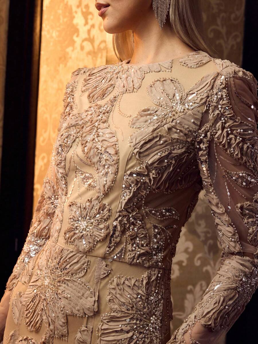 MOTF Soiréza ELEGANT WOMEN 3D FLORAL LONG SLEEVE MERMAID DRESS MAXI GOWN FOR WEDDING GUEST PROM EVENING PARTY