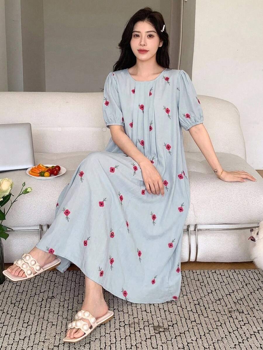 DAZY 花卉印花輕便短袖洋裝 夏季女款睡裙 - 綠色 - 查看 1