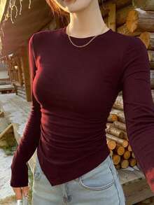 DAZY 女款修身圓領長袖不對稱下擺棉質T恤 酒紅色 秋季休閒夜出門穿搭 - 酒紅色 - 查看 5