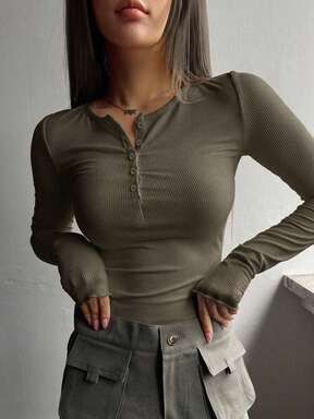 DAZY V-Neck Button Half-Placket Ribbed Knit Long Sleeve Slim Fit Curved Hem Olive Green T-Shirt Autumn Work Going Out Casual
