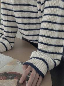 DAZY Sweater Rajut Wanita Model Pullover Lengan Panjang Longgar Bergaris Warna Blok, Leher V, Kasual, Gaya Jalanan, Liburan Musim Semi dan Gugur - Putih - View 7
