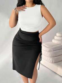 Solflare 2pcs/Set Plus Size Women Black Sleeveless Tank Top & Drawstring Waist Skirt Clothes, Spring Summer - Black and White - View 5