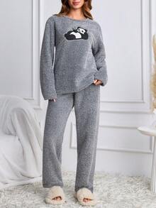 SHEIN Grey Fuzzy Plush Cute Panda Applique Embroidery Cozy Winter Homewear Pajama Set - Grey - View 5