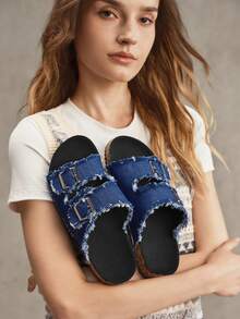 Solecia Summer Double-Button Burrs, Open-Toed Flat-Bottomed Cork Slippers, Casual Sandals, Daily Commuting Beach Vacation Versatile Sandals - Navy Blue - View 2