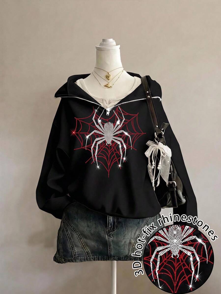 SHEIN EZwear 女款灰色寬鬆半拉鍊高領薄款套頭衛衣,胸前水鑽蜘蛛印花與花朵設計,加厚材質,適合秋冬穿著 - 黑色 - 查看 1