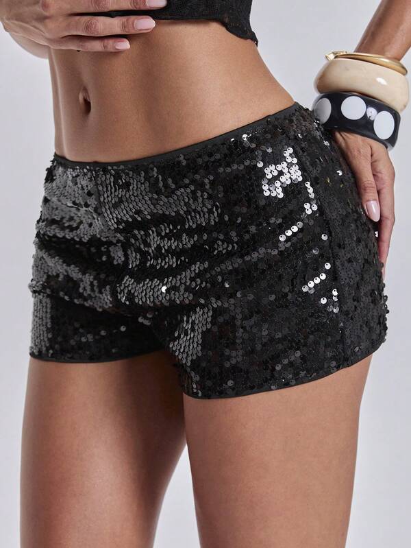 ACID BLVD Women Carnival Party Luxy Black Glitter Sequin Sexy Low Waist Stretchy Mini Shorts