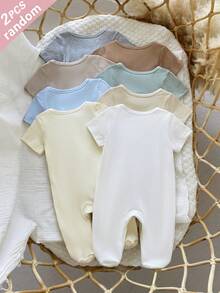 SHEIN Set Bodysuit Bayi Baru Lahir Musim Semi/Panas, Katun Murni, Desain Warna Polos, Disukai dan Diinginkan Anak-Anak, Terbuat dari Kain Lembut dan Nyaman yang Ramah Kulit, Cocok untuk Pakaian Rumahan Anak, 2 Potong Dikirim Secara Acak - MultiWarna - View 2