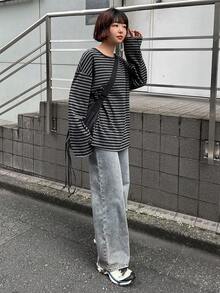 Dazy Tall Women's Round Neck Long Sleeve Loose Striped Street Casual T-Shirt Cute Tops - Grey - View 12