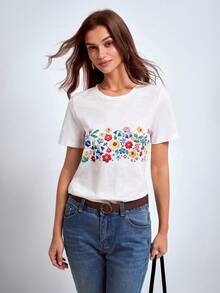 Dayvera Women's Faux Embroidery Print Casual Summer T-Shirt,Going Out Tops,White Top - White - View 7