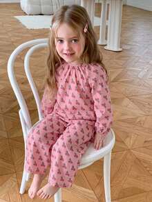 DAZY 女童圓領櫻桃圖案可愛休閒長袖上衣 + 直筒長褲 2件套居家服 - 西瓜粉 - 查看 5