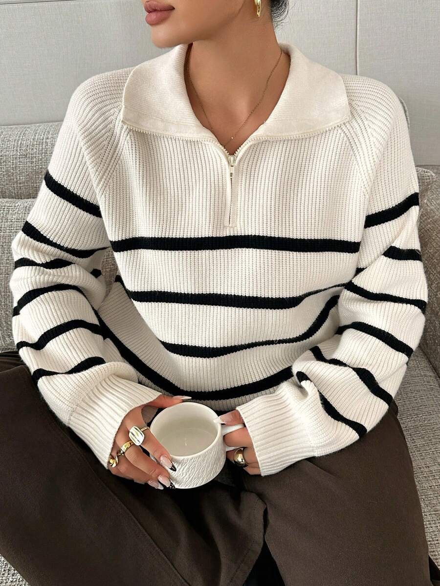 Dazy Plus Colorblock Striped Half-Button Front Loose Long Sleeve Pullover Sweater, Casual Autumn/Winter - Apricot - View 1