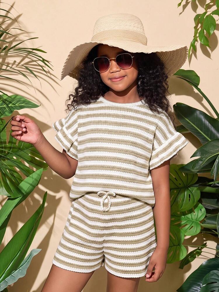 SHEIN Tween Girl Knitted Round Neck Casual T-Shirt And Loose Long Pants 2 Pieces Set - Khaki - View 2