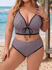 SHEIN CURVE+ 2026新款大尺碼女款兩件式幾何印花比基尼套裝，藍色夏季1920年代海灘度假風 - 棕色 - 查看 5