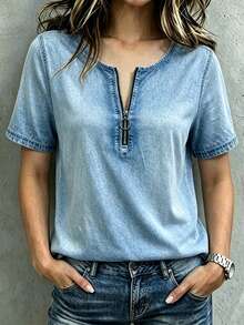 EMERY ROSE V-Neck Zip Design Casual Denim Effect Printed Short Sleeve T-Shirt, Summer - Multicolor - View 3