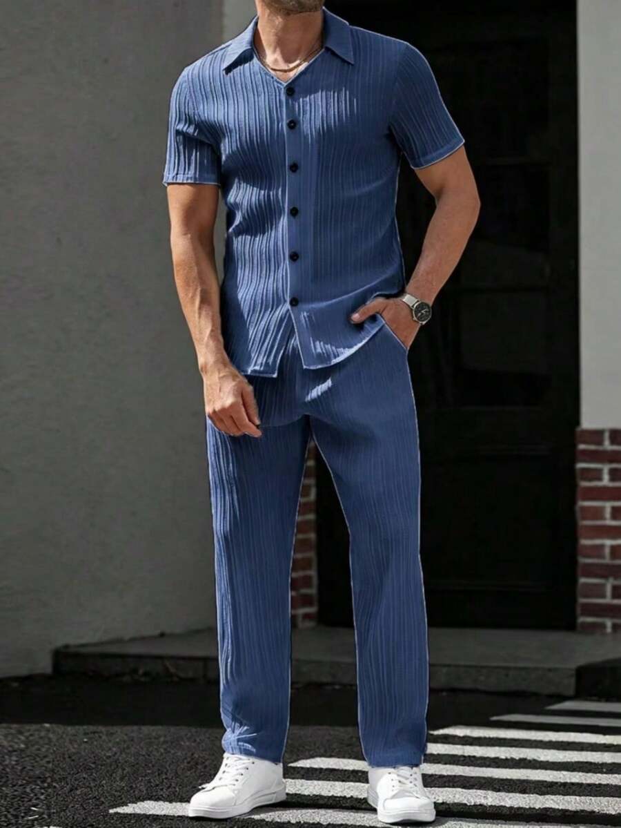 Manfinity Homme 男士純色短袖單排扣襯衫與長褲休閒套裝 - 霧霾藍 - 查看 1