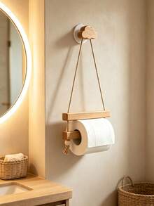 1pc Toilet Paper Holder Wall Mount - No Drilling Wooden Tissue Holder For Bathroom, Adjustable Rope Toilet Roll Holder With Cloud Hook - Multicolor - View 8