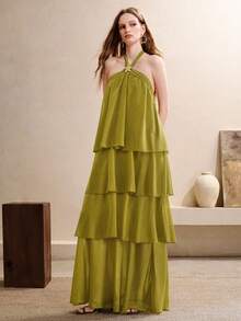 Arave Women's Dress A-Line Tiered Chiffon Halter Neck Metal Buckle Layered Elegant Party Olive Green Solid Elegant Dresses For Party Wedding Party - Green - View 4