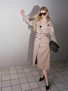 MOTF PREMIUM WOMEN'S KHAKI DOUBLE-BREASTED OPEN FRONT BELTED LONG TRENCH COAT - Khaki - View 6