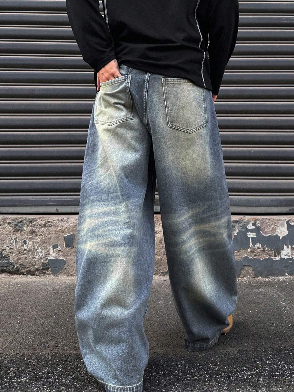 Spring/Autumn Loose Fit Curved Leg Washed Distressed Cat Whisker Faded Men's Jeans