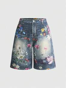 ROMWE Fairycore Celana Pendek Denim Kancing Motif Bunga Gaya Streetwear Vintage Ukuran Plus - Biru - View 1