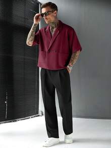 SLATEMANN 男士舒適純色短袖襯衫，極簡街頭風大領口配2顆鈕扣，適合休閒度假，酒紅色夏季款 - 酒紅色 - 查看 5