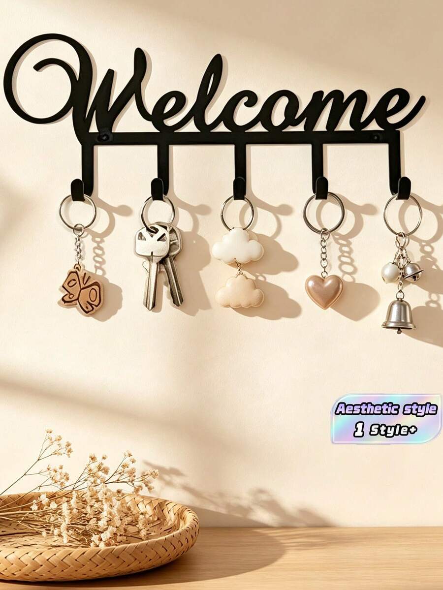 Metal Key Hook Wall Hanger With Keychain, Wall Mounted Key Holder Rack With Screws, Modern Design Durable Entryway Organizer, Space Saving Key Rack For Car Keys House Keys, Jewelry Small Accessories Storage Hook, Kitchen Bedroom Wall Decor - Black - View 1
