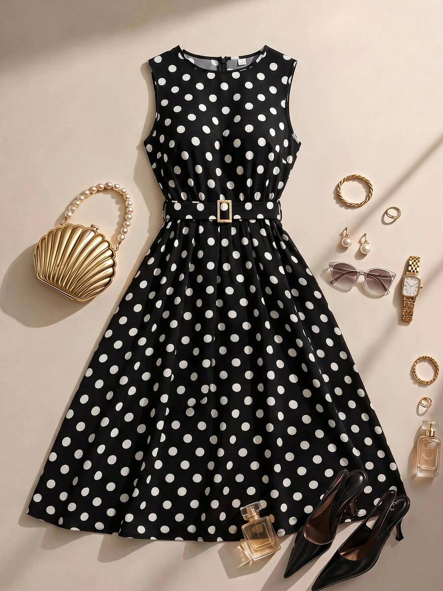 Formidée Plus Size Women's Vintage Elegant Polka Dot Print Sleeveless Belted Dress, Summer - Black and White - View 1