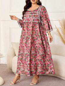 Lacomfia Plus Size Loose Fit Bamboo Linen Printed Fabric Dress With Patchwork Lace On Front Panel And Cuffs, Casual Style For Spring And Summer Daily Wear - Multicolor - View 3
