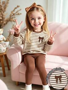 秋冬女童幼兒清新橫條紋極簡蝴蝶結設計基礎圓領運動衫與內搭褲套裝 - 彩色 - 查看 4