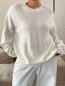 Dazy Plus Solid Color Loose Long Sleeve Crew Neck Casual Old Money Elegant Spring Autumn Pullover Knit Sweater For Women - White - View 7