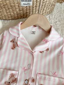 LMoss Kids Baby Girl Baby Girl Sweet Minimalist Bow Cartoon Bear Pattern Collared Button Long Sleeve Pants Comfortable Knit Pajama Set 2 Pieces - Multicolor - View 3