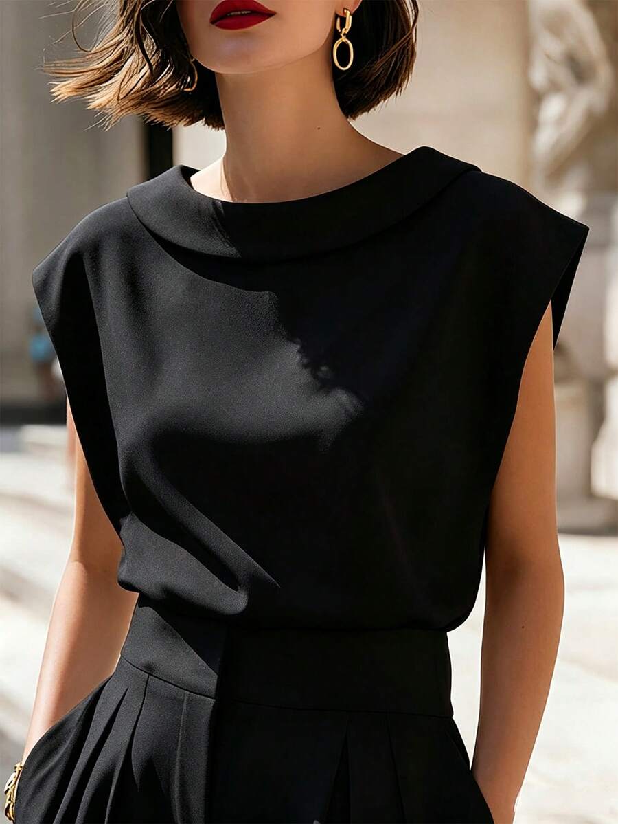 SHEIN 夏季襯衫、六月節慶、戶外穿搭襯衫、海灘度假、假期穿搭、白色女款襯衫、圓領白色上衣、寬鬆休閒女款上衣、無袖休閒白色上衣、休閒寬鬆白色襯衫、優雅度假女款襯衫、優雅穿搭、優雅女款白色上衣 - 黑色 - 查看 1