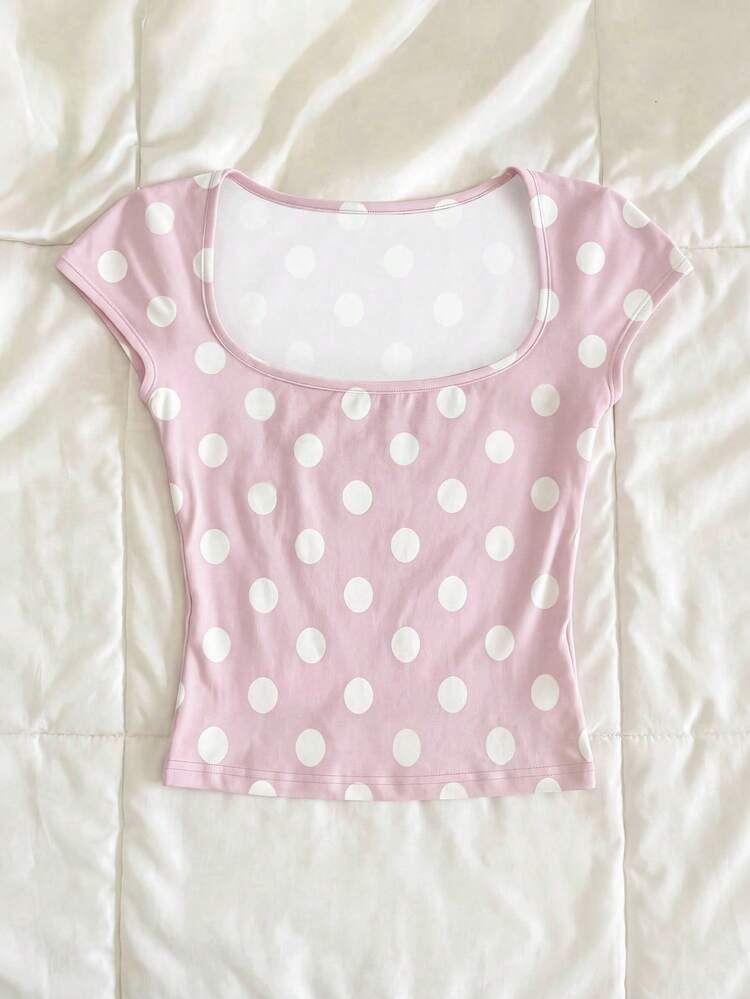 IslaSuriya Women's Square Neck Polka Dot Casual T-Shirt, Fashion Summer - Multicolor - View 3