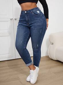 SHEIN ICON 大尺碼牛仔長褲 休閒修身彈性破洞藍色 - 深色水洗藍 - 查看 3