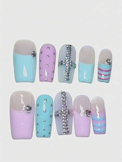 Kawaii 10 piezas de uñas postizas cuadradas con diseño de notas musicales, lunares y cruces en azul y rosa, estilo sencillo, dulce y fresco, removibles, para manicura diaria de niña