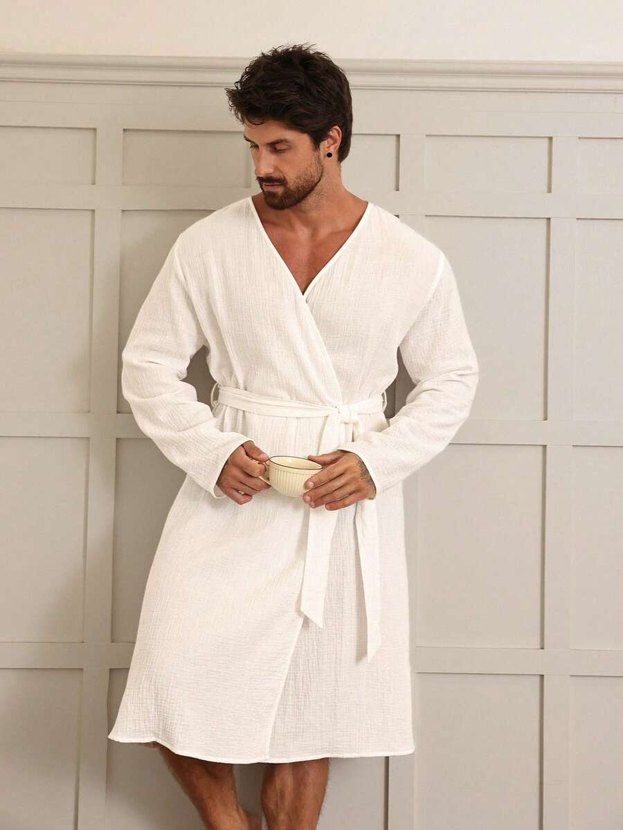DAZY Bata larga azul lisa para hombre, primavera/verano - Blanco - Ver 1