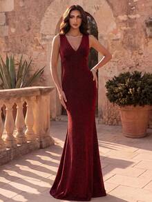 Coutiva Women's Solid Color V-Neck Elegant Waist-Cinched Evening Dress - Red - View 5