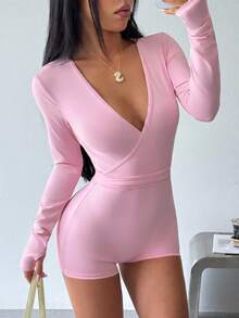SHEIN Dewbera 女款純色深V領長袖運動連身褲 - 粉色 - 查看 5