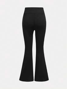 SHEIN Girlism Tween女孩黑色高腰緊身高彈力休閒瑜伽多功能喇叭褲附口袋，運動長褲適合外出，Tween女孩3合1 - 黑色 - 查看 8