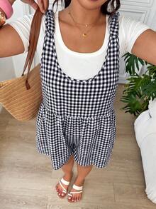 SHEIN EZwear Plus Size Women's Plaid Pocket Wide Leg Loose Casual Overalls Shorts - Black and White - View 5