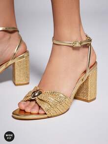 SHUZIA Women's Wide-Fit Minimalist Elegant Round Toe Block Heel Ankle Strap Sandals - Gold - View 8